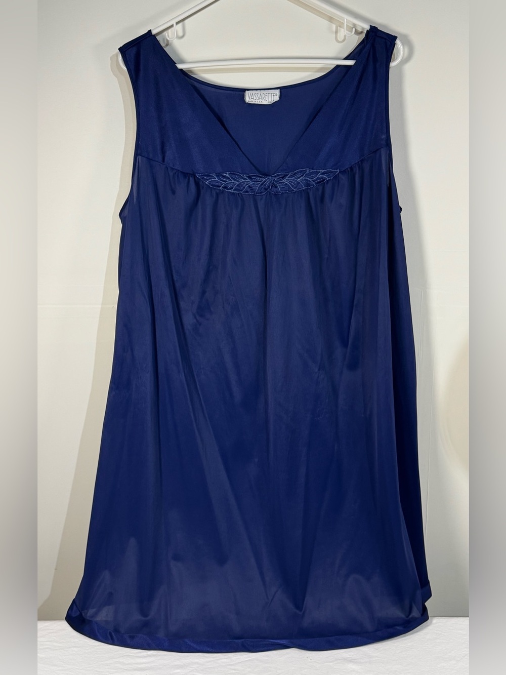 Vintage Vassarette Deep Blue Satin Chemise with Embroidered Detail 3xl
